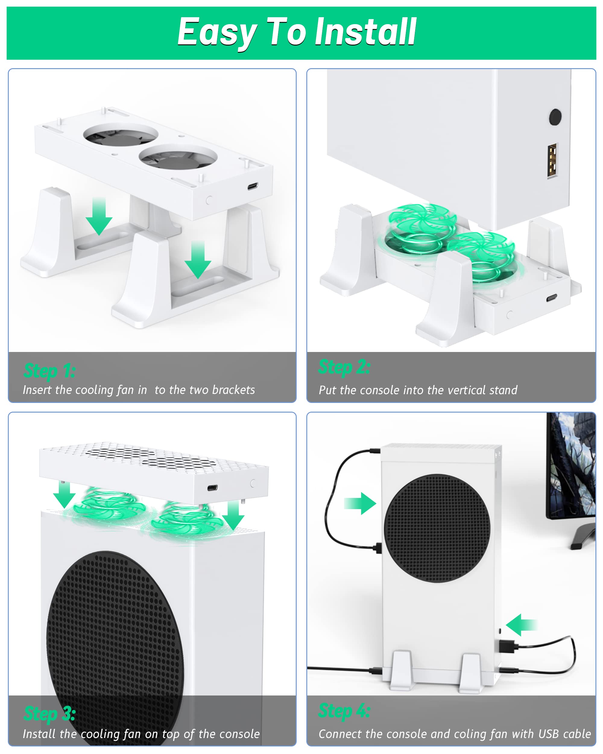 Cooling Stand for Xbox Series S, ZAONOOL Four Cooling Fan Cooler System, Top and Bottom Dual Cooling Fan, Low Noise, 3 Gears Adjustable Speed 2300/2800/3200RPM with LED Indicator and 4 Extra USB Ports