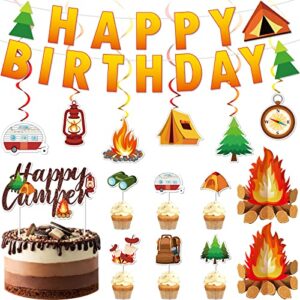 52 pcs camping birthday party decorations, happy camper party hanging swirls ceiling decor happy birthday banner camping cupcake toppers campfire centerpiece for kids birthday baby shower supplies