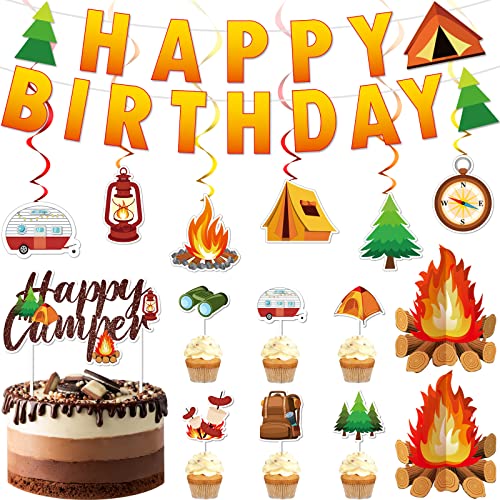 52 Pcs Camping Birthday Party Decorations, Happy Camper Party Hanging Swirls Ceiling Decor Happy Birthday Banner Camping Cupcake Toppers Campfire Centerpiece for Kids Birthday Baby Shower Supplies