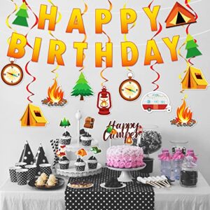 52 Pcs Camping Birthday Party Decorations, Happy Camper Party Hanging Swirls Ceiling Decor Happy Birthday Banner Camping Cupcake Toppers Campfire Centerpiece for Kids Birthday Baby Shower Supplies