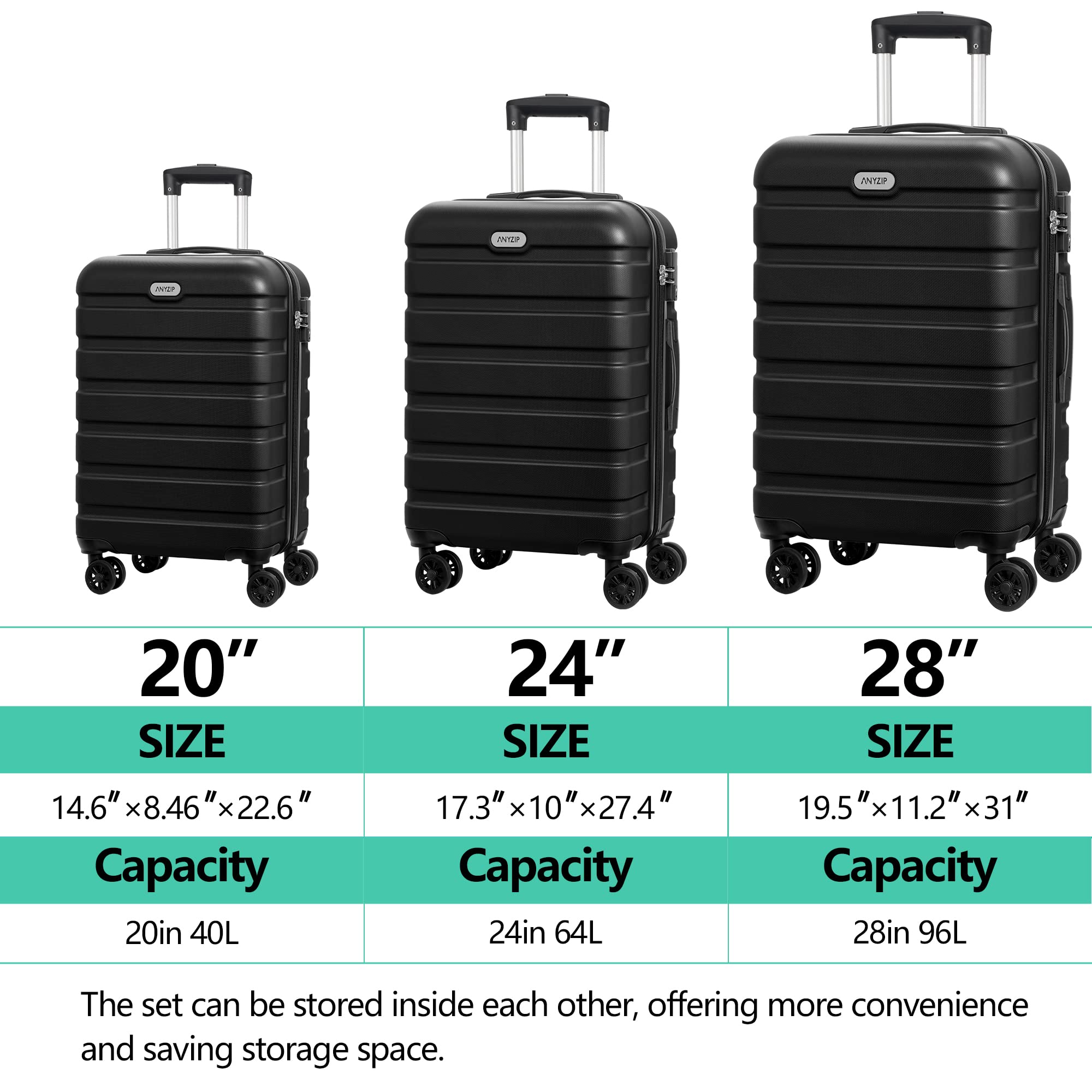 AnyZip Luggage Sets 3 Piece PC ABS Hardside Lightweight Suitcase with 4 Universal Wheels TSA Lock Carry On 20 24 28 Inch Black