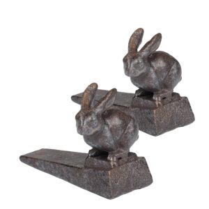 cast iron bunny door stop, set of 2 decorative rabbit door stopper wedge, brown