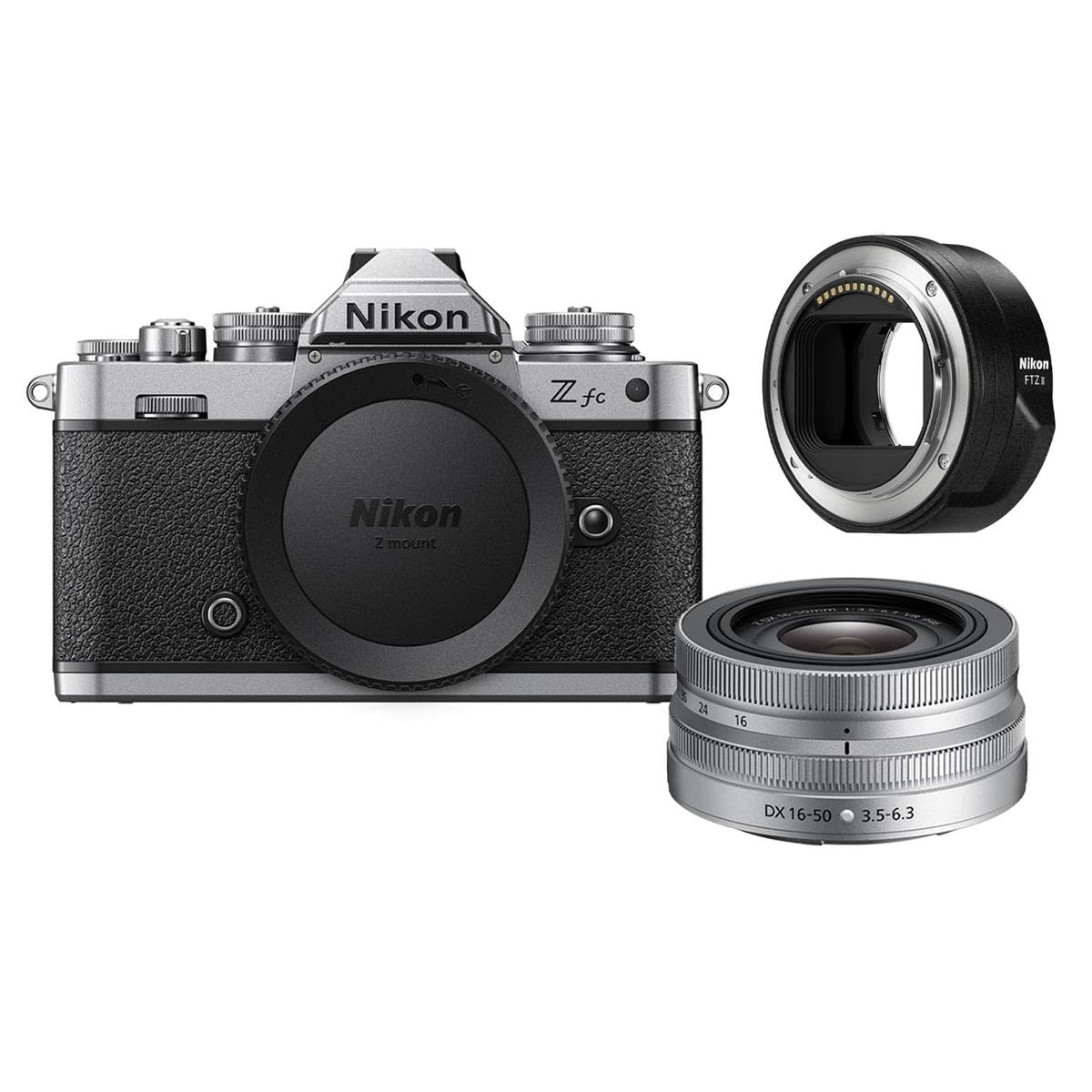 Nikon Z fc DX-Format Mirrorless Camera with NIKKOR Z DX 16-50mm f/3.5-6.3 VR Lens, Silver with FTZ II Mount Adapter