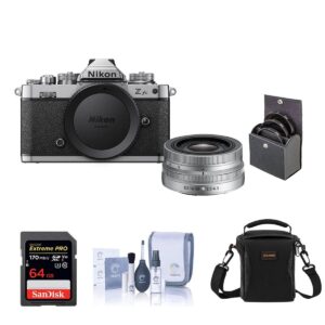 nikon z fc dx-format mirrorless camera with nikkor z dx 16-50mm f/3.5-6.3 vr lens, silver bundle with 64gb sd card, shoulder bag, filter kit, cleaning kit