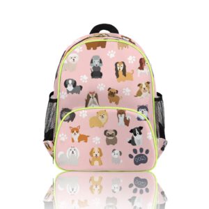 dogs backpack for kids, puppy paws pink toddler backpack for girls 14.2 in, waterproof casual daypack preschool backpack kindergarten school mini bookbag with chest strap for back to school