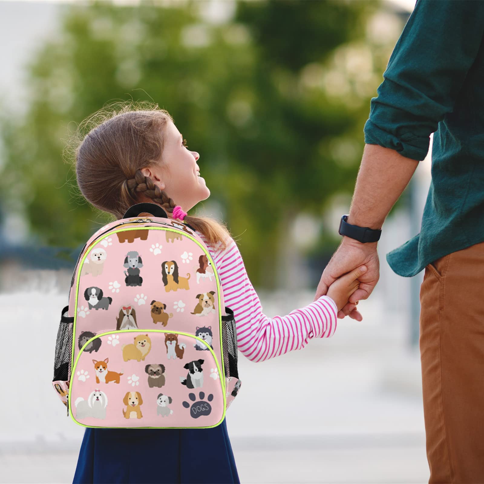 Dogs Backpack for Kids, Puppy Paws Pink Toddler Backpack for Girls 14.2 In, Waterproof Casual Daypack Preschool Backpack Kindergarten School Mini Bookbag with Chest Strap for Back to School