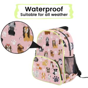 Dogs Backpack for Kids, Puppy Paws Pink Toddler Backpack for Girls 14.2 In, Waterproof Casual Daypack Preschool Backpack Kindergarten School Mini Bookbag with Chest Strap for Back to School