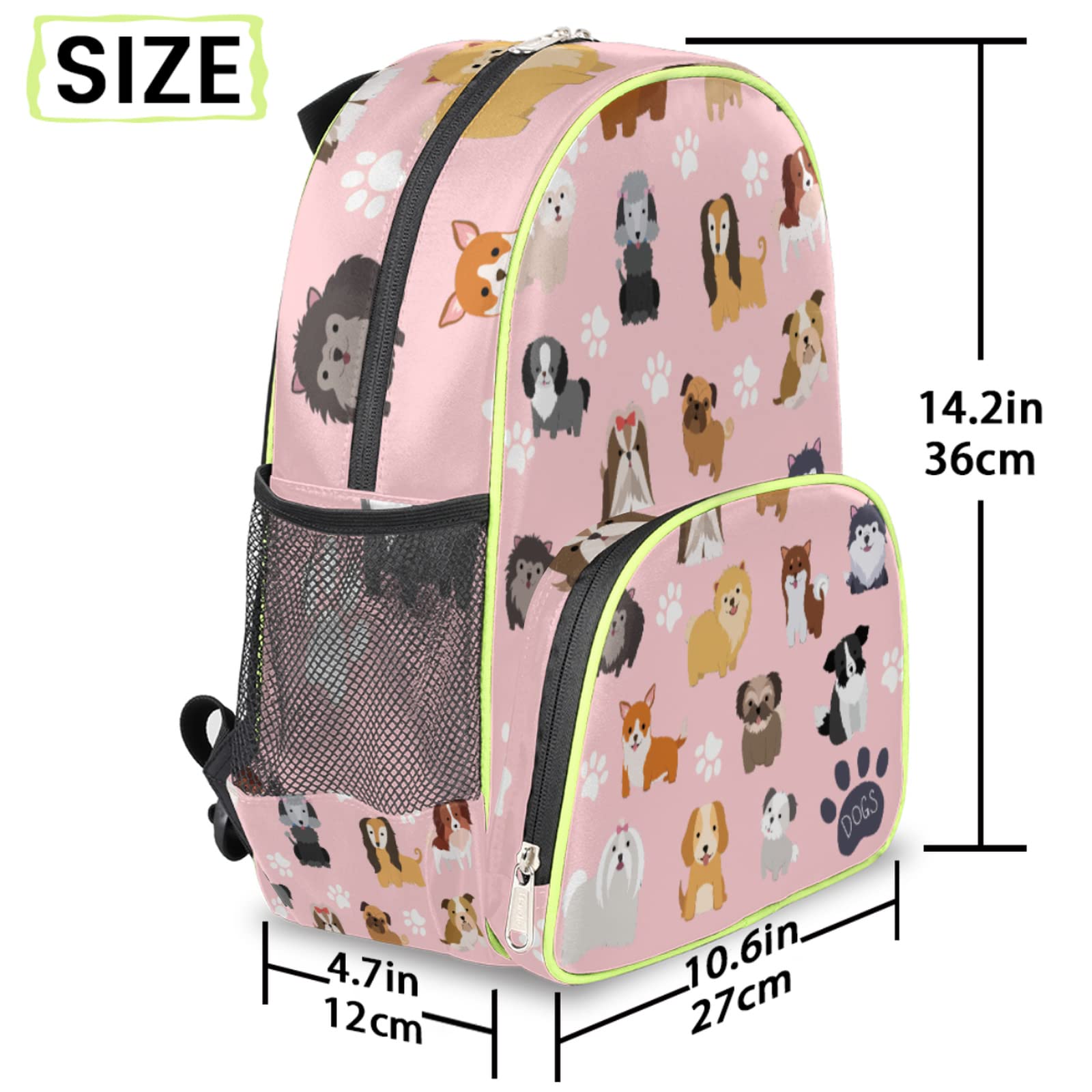 Dogs Backpack for Kids, Puppy Paws Pink Toddler Backpack for Girls 14.2 In, Waterproof Casual Daypack Preschool Backpack Kindergarten School Mini Bookbag with Chest Strap for Back to School