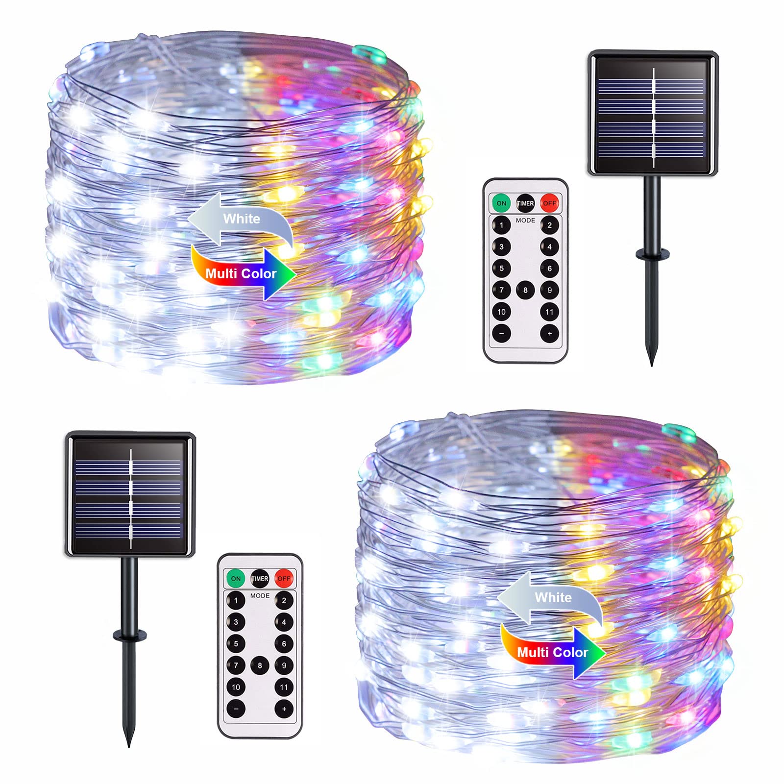 JMEXSUSS 2 Pack Solar Fairy Lights Color Changing, White and Multicolor 100 LED 33ft Solar String Lights Outdoor Waterproof, 11 Modes Copper Wire Solar Christmas Lights