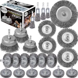 bailuk wire wheel cup brush set,0.012-inch coarse crimped carbon steel,die grinder wire brush for drill,1/4in hex shank,wire drill brush se (24 pack)
