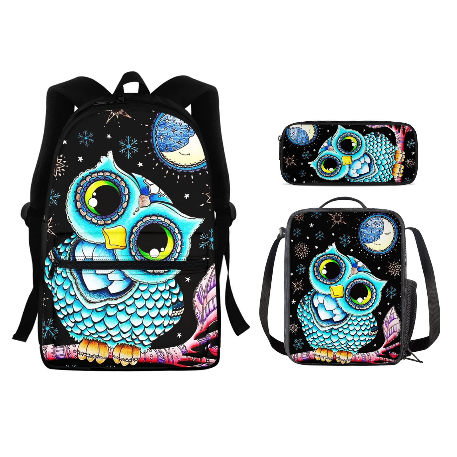 Pensura Cartoon Owl Pattern School Backpack for Kids Girls Laptop Backpack School Bag Cute Daypack and Insulated Lunch Bag Tote Meal Pack and Stationery Pencil Case School Supplies,3 Piece