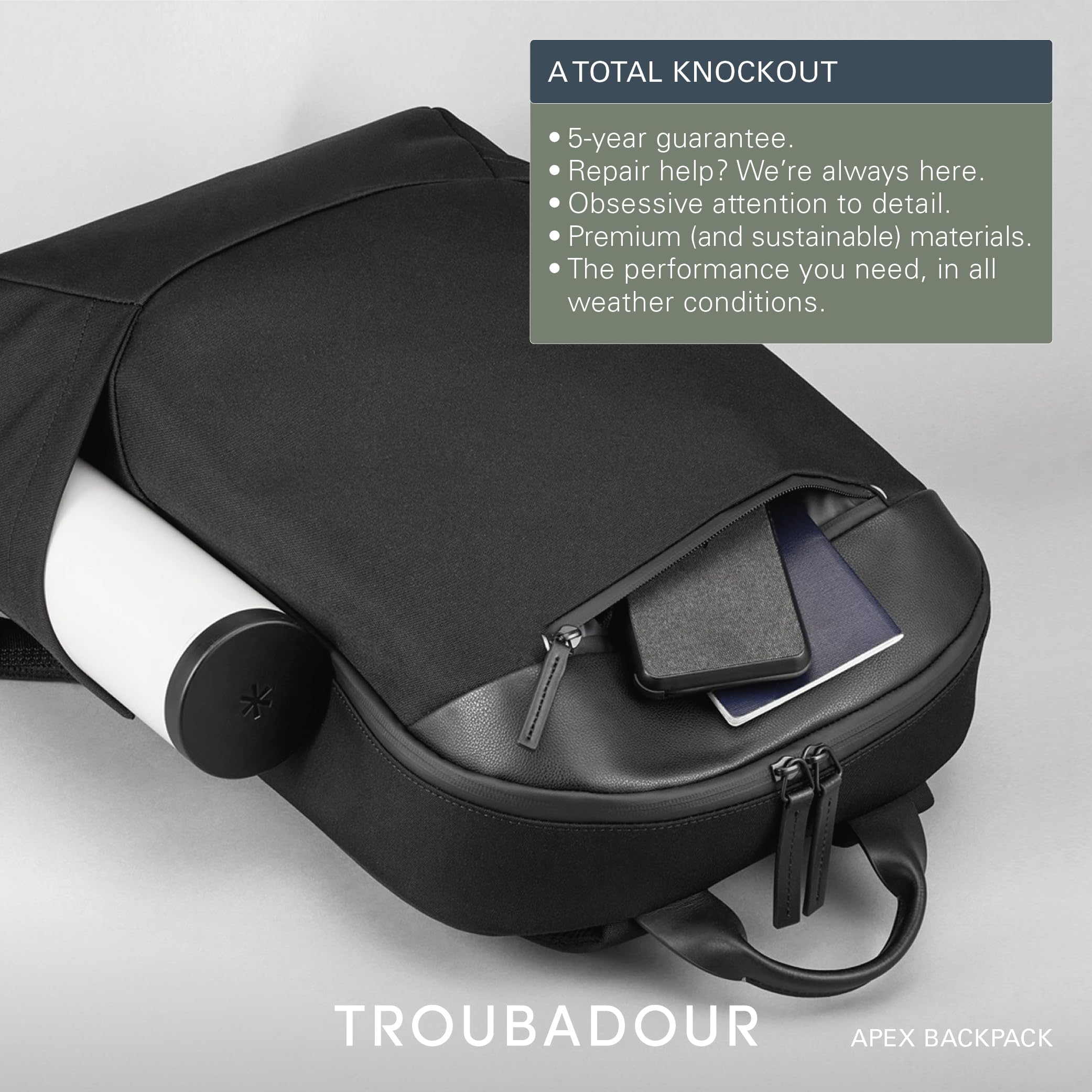 Troubadour Apex Backpack Premium Vegan, Waterproof Material - 17" Laptop Sleeve, Comfort Straps - Spacious, Lightweight, Durable - For Work, Travel, Gym - Black