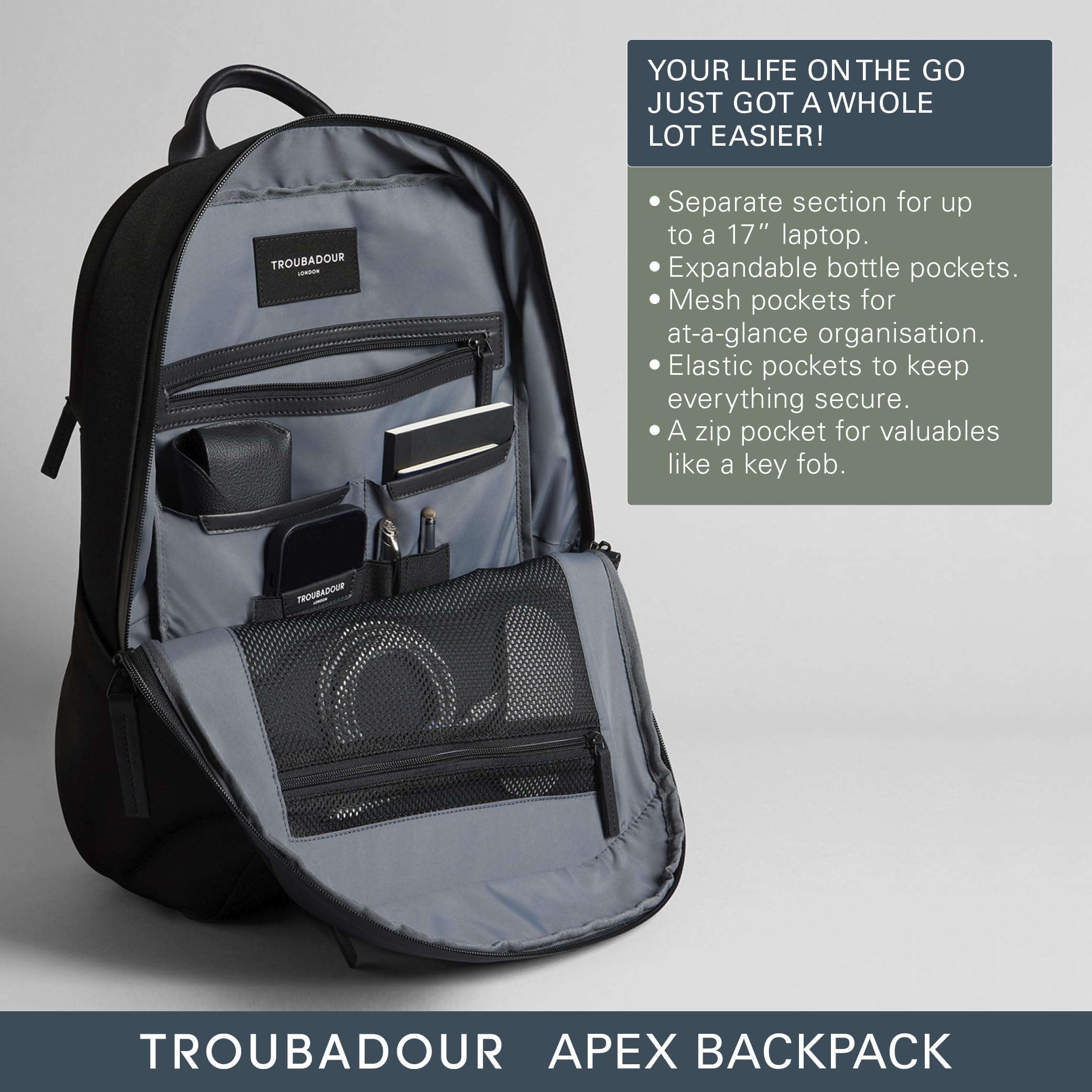 Troubadour Apex Backpack Premium Vegan, Waterproof Material - 17" Laptop Sleeve, Comfort Straps - Spacious, Lightweight, Durable - For Work, Travel, Gym - Black