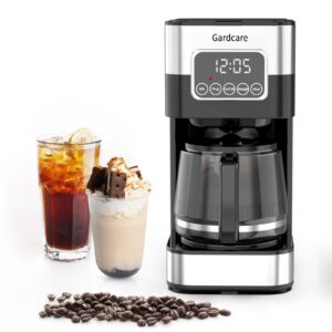 gardcare 10-cup coffee maker with smart touch screen, 24-hour programmable coffee machine, stainless steel glass carafe pot with brew strength control, automatic anti-drip system, black