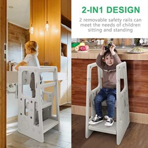 Nursery Kitchen Step Stool w/ 3 Adjustable Heights Toddler Standing Tower Kids Learning Stool w/Double Safety Rails & Non-Slip Foot Pads Cooking Stool Stand Helper Bathroom Counter Footstool (Grey)