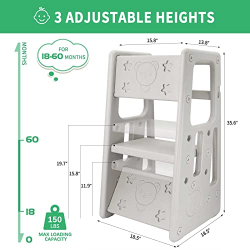 Nursery Kitchen Step Stool w/ 3 Adjustable Heights Toddler Standing Tower Kids Learning Stool w/Double Safety Rails & Non-Slip Foot Pads Cooking Stool Stand Helper Bathroom Counter Footstool (Grey)