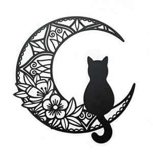 EYONGLION Black Cat And Moon Wall Art,Moon Phase Wall Art,Black Cat On The Moon Wall Pediments,Black Cat Wall Sculpture For Cats Lover