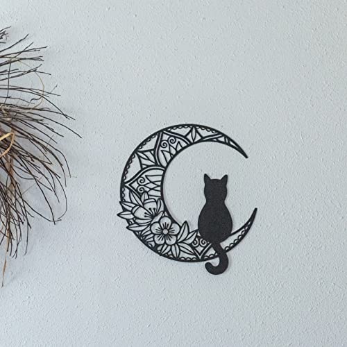 EYONGLION Black Cat And Moon Wall Art,Moon Phase Wall Art,Black Cat On The Moon Wall Pediments,Black Cat Wall Sculpture For Cats Lover