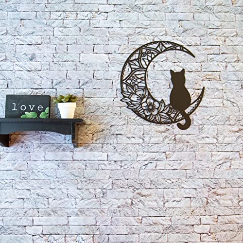 EYONGLION Black Cat And Moon Wall Art,Moon Phase Wall Art,Black Cat On The Moon Wall Pediments,Black Cat Wall Sculpture For Cats Lover