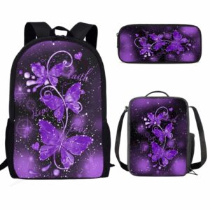 dolyues kids girls backpack school bookbag 3pcs sets, purple butterfly hope love print travel daypack lunchbox and pencil case lightweight rucksack