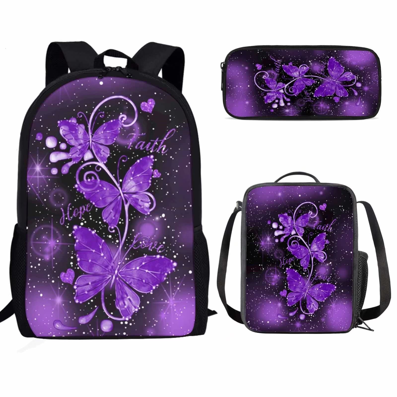Dolyues Kids Girls Backpack School Bookbag 3pcs Sets, Purple Butterfly Hope Love Print Travel Daypack Lunchbox and Pencil Case Lightweight Rucksack