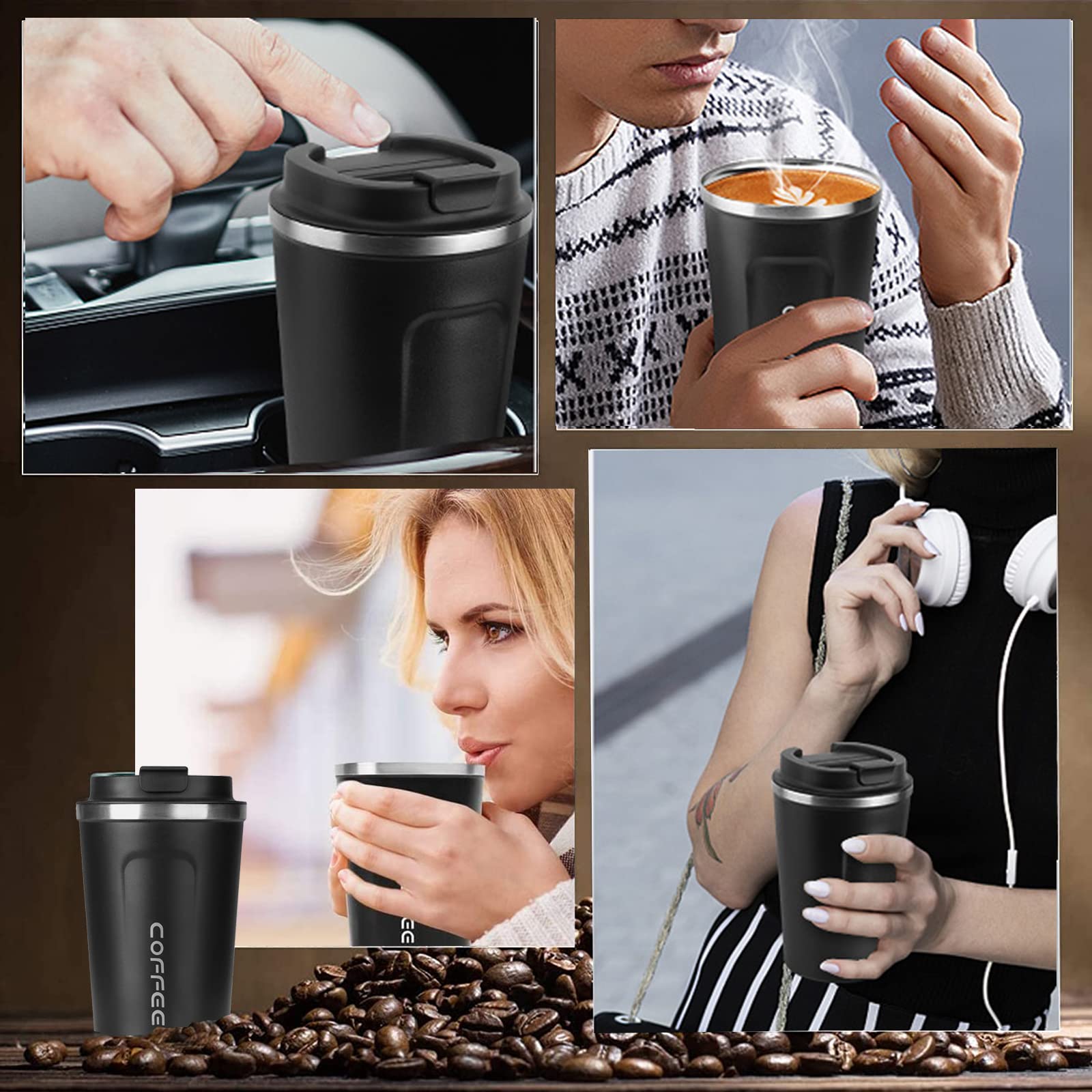 Coffee Mug 12oz - Insulated Coffee Travel Mug Spill Proof with Leakproof Lid Vacuum Stainless Steel Thermos Coffee Tumblers to GO, Reusable Coffee Cup for Men and Women for Hot & Cold Drinks (Black)