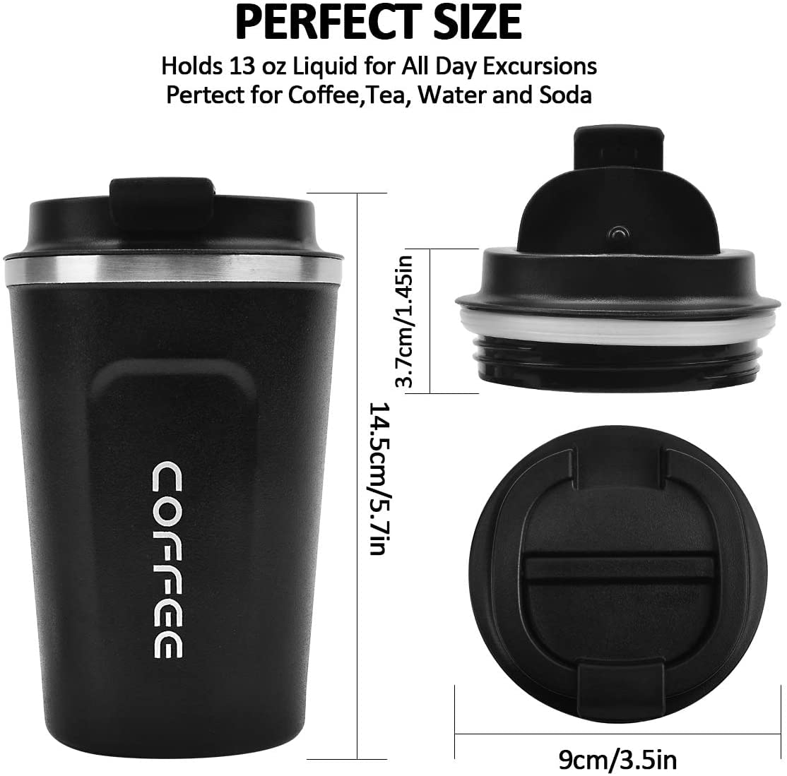 Coffee Mug 12oz - Insulated Coffee Travel Mug Spill Proof with Leakproof Lid Vacuum Stainless Steel Thermos Coffee Tumblers to GO, Reusable Coffee Cup for Men and Women for Hot & Cold Drinks (Black)