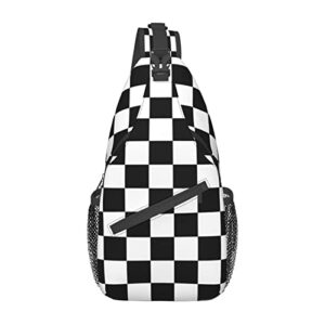 LAKUERVI Plaid Chest Sling Bag Geometric Checkered Plaid Pattern Black White Crossbody Shoulder Backpack Adjustable Lightweight Travel Hiking Casual Daypack for Men Women