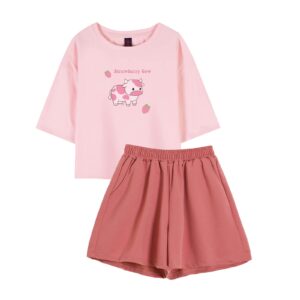keevici womens cute strawberry cow short sleeve crop tee and shorts pajamas set kawaii print 2 piece sleepwear cotton pj sets (pink1,m)