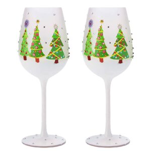 winter birthday themed stemmed wine & water glasses - set of 2 - shining holiday red green yellow silver, holidays parties glassware - xmas tree - set of 2, 17.5oz - new years eve festive glass