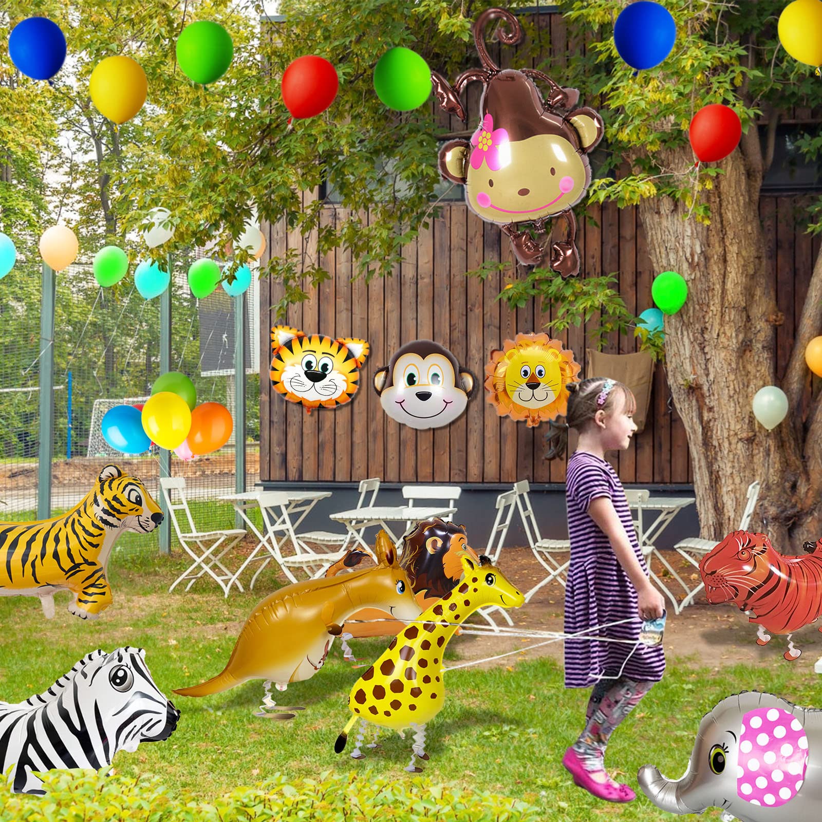 12PCS Jungle Safari Animals Balloons Walking Animal Balloons Giant Animal Walking Foil Balloon Set Kids Animal Theme Party Balloons Monkey, Tiger, Lions, Zebra, Elephant, Giraffe Jungle Theme Balloons