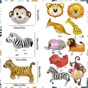 12PCS Jungle Safari Animals Balloons Walking Animal Balloons Giant Animal Walking Foil Balloon Set Kids Animal Theme Party Balloons Monkey, Tiger, Lions, Zebra, Elephant, Giraffe Jungle Theme Balloons