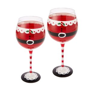 santa's elf stemmed wine & water glasses - set of 2 - shining red & black, 9" h - christmas & holiday parties glassware - xmas tree - set of 2, 17.5oz - santa festive glass - great gift!