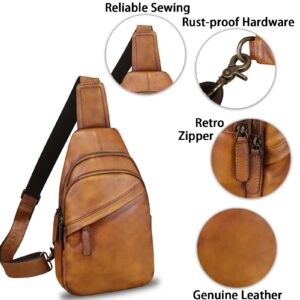 LRTO Genuine Leather Sling Bag Crossbody Purse Handmade Hiking Daypack Motorcycle Chest Bag Cycling Shoulder Backpack (Brown) Medium