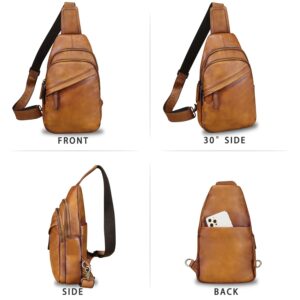 LRTO Genuine Leather Sling Bag Crossbody Purse Handmade Hiking Daypack Motorcycle Chest Bag Cycling Shoulder Backpack (Brown) Medium