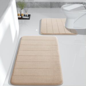 yimobra memory foam bath mat set, 2 pieces soft bathroom rugs,31.5x19.8 and 24x20.4 u-shaped for bathroom rugs, toilet mats, water absorption, non slip, thick, dry fast for bathroom floor mats, beige