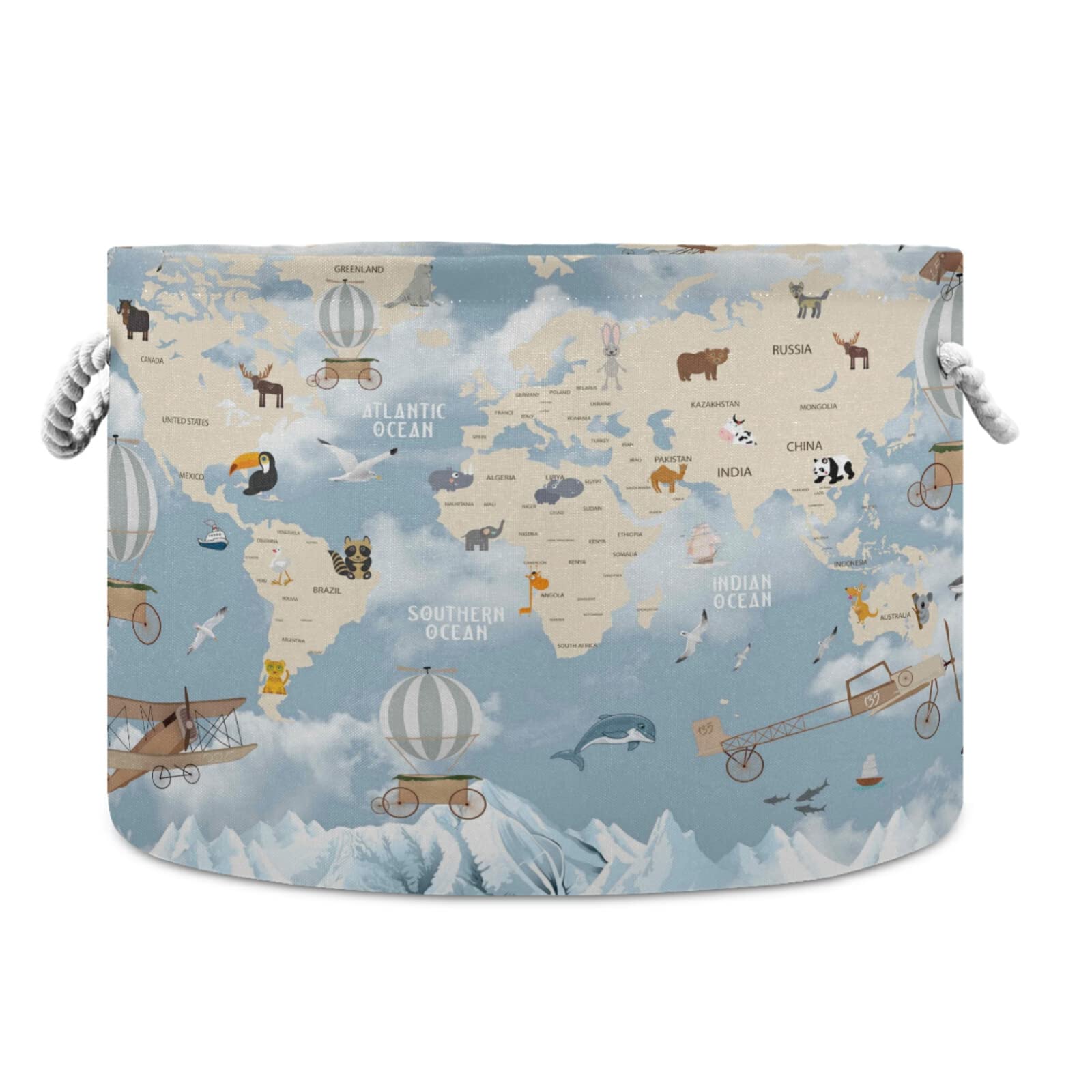 Extra Large Round Basket with Thick Thread Cotton Rope Handle - Animals Travel World Map Decor,Waterproof Canvas Blanket Clothes Laundry Basket Hamper,Nursery Kids Baby Toy Basket Home Organizing Stor