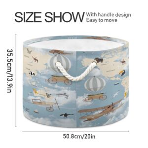 Extra Large Round Basket with Thick Thread Cotton Rope Handle - Animals Travel World Map Decor,Waterproof Canvas Blanket Clothes Laundry Basket Hamper,Nursery Kids Baby Toy Basket Home Organizing Stor