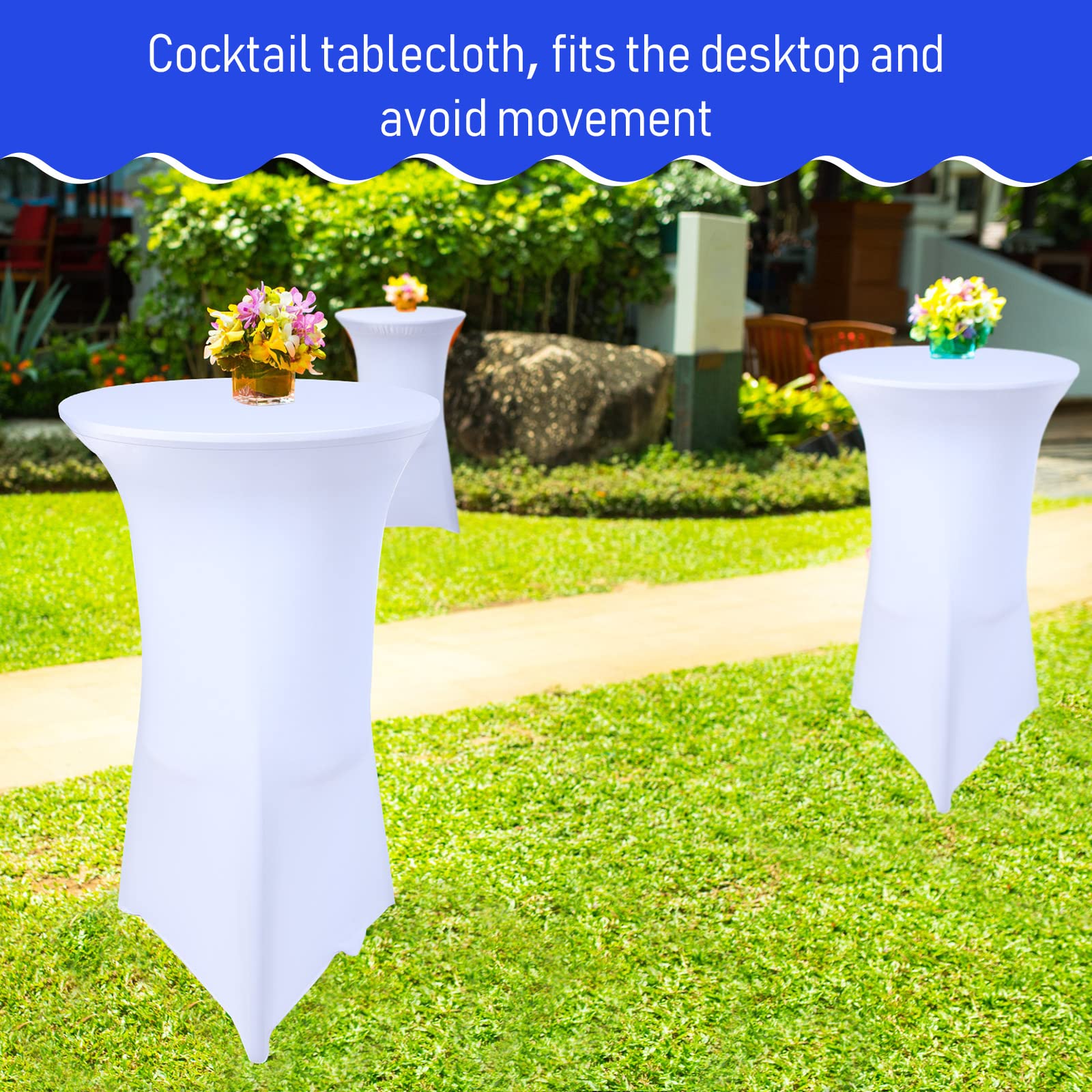 8 Packs 32 x 43 Inch Cocktail Spandex Tablecloths Cocktail Round Table Cover Spandex Stretch Square Tablecloth for Fitted High Top Table (White)