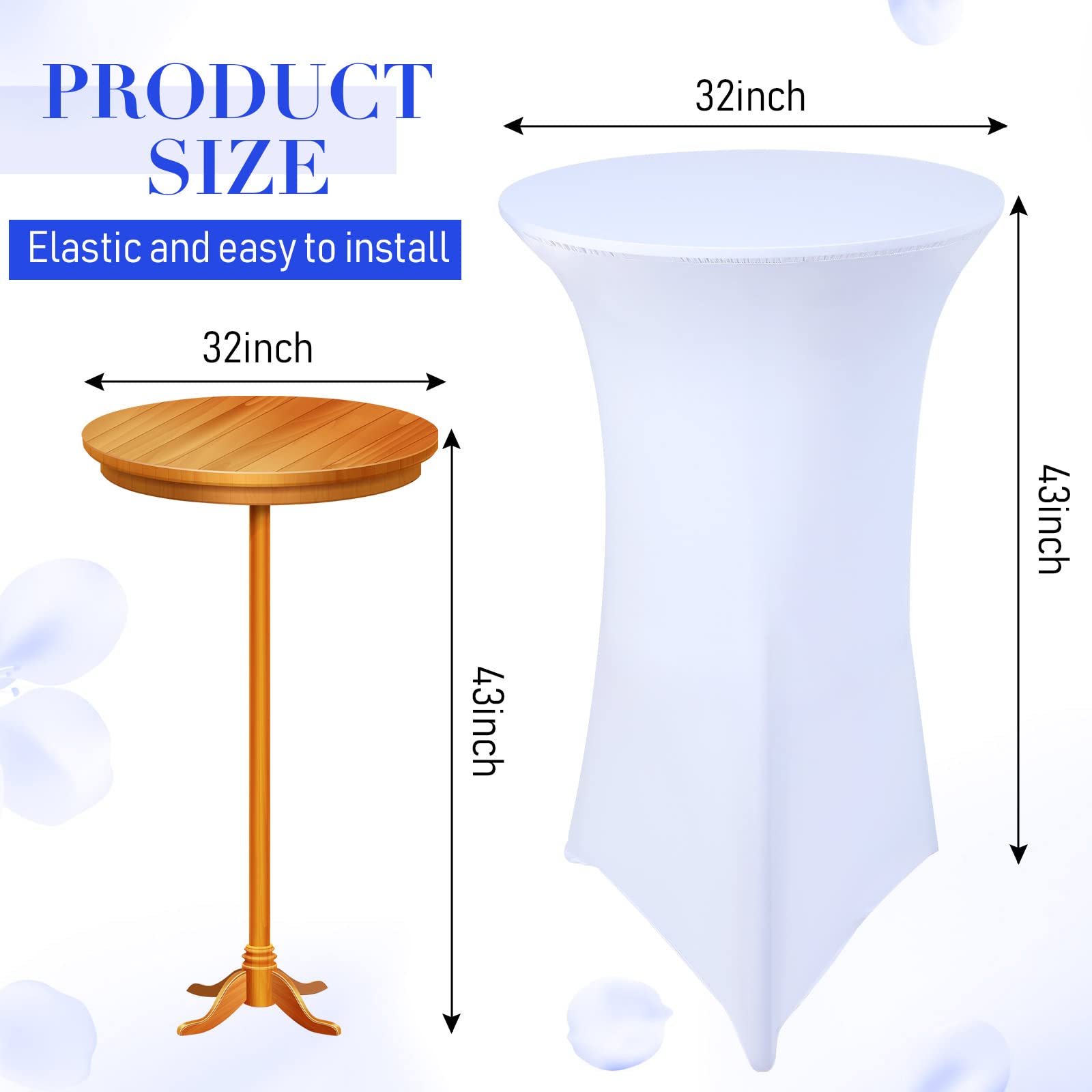 8 Packs 32 x 43 Inch Cocktail Spandex Tablecloths Cocktail Round Table Cover Spandex Stretch Square Tablecloth for Fitted High Top Table (White)