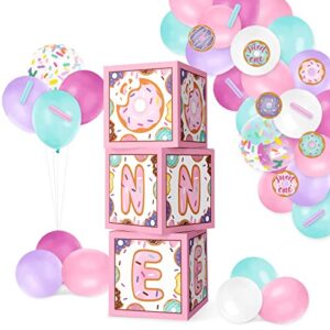 Levfla Donut One Balloons Boxes Decoration Pastel Baby First Birthday Backdrop Blocks Sprinkles Photo Props Cutouts Sweet One Year Anniversary Celebration Cake Smash Favor Ideas