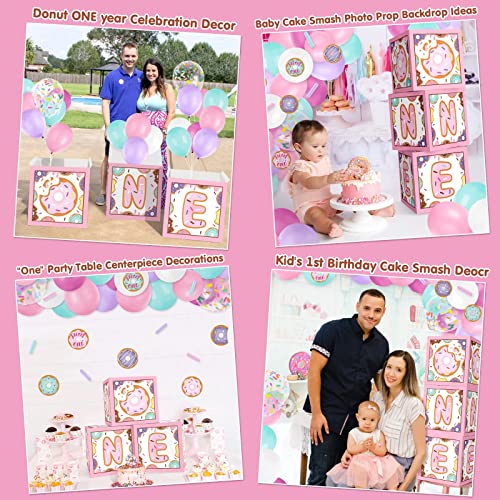 Levfla Donut One Balloons Boxes Decoration Pastel Baby First Birthday Backdrop Blocks Sprinkles Photo Props Cutouts Sweet One Year Anniversary Celebration Cake Smash Favor Ideas