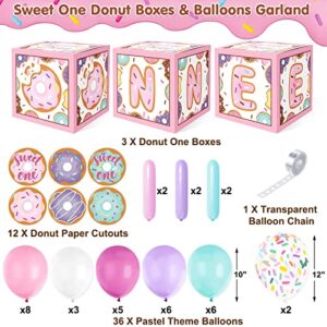 Levfla Donut One Balloons Boxes Decoration Pastel Baby First Birthday Backdrop Blocks Sprinkles Photo Props Cutouts Sweet One Year Anniversary Celebration Cake Smash Favor Ideas