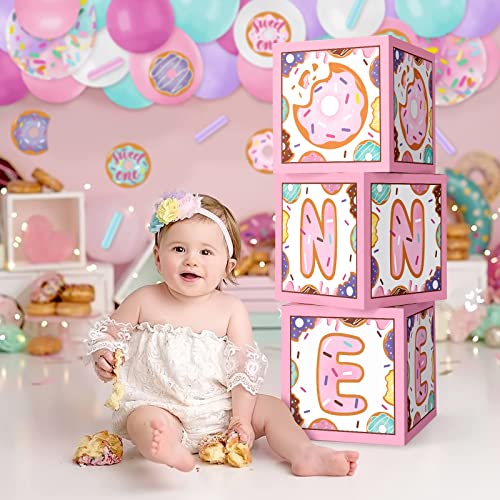 Levfla Donut One Balloons Boxes Decoration Pastel Baby First Birthday Backdrop Blocks Sprinkles Photo Props Cutouts Sweet One Year Anniversary Celebration Cake Smash Favor Ideas