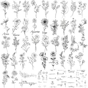 waterproof temporary tattoo - 90 sheets realistic fake tattoos, 52 sheets inspirational words tattoo stickers, 38sheets wild flower floral rose sunflower bouquet body stickers for adult women men kids