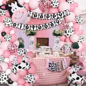 Amandir 117PCS Cow Party Decorations Pink Cow Balloon Garland Arch Kit with Cow Print Balloons Happy Birthday Banner Cake Topper for Girl Baby Shower Farm Animals Cow Themed Birthday Party Supplies