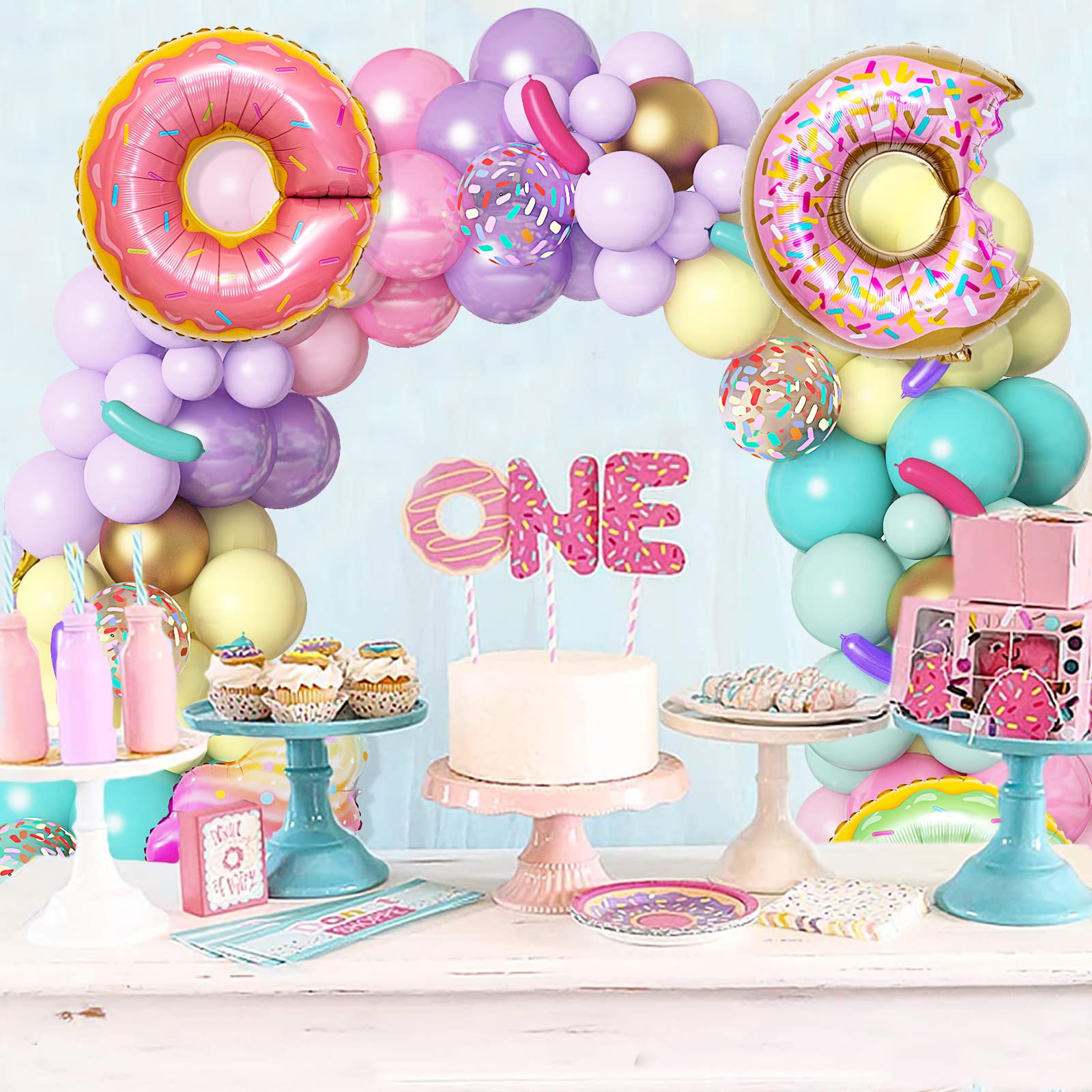 Amandir 139pcs Pastel Donut Balloon Garland Arch Kit, Donut Sweet One Birthday Party Decorations Pink Sprinkles Confetti Ice Cream Foil Balloons for Donut Grow Up Baby Shower Two Sweet Party Supplies