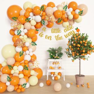 amandir 122pcs little cutie baby shower decorations, orange yellow balloon garland arch kit, willow leaves a little cutie is on the way banner for tangerine theme fruit birthday party decor