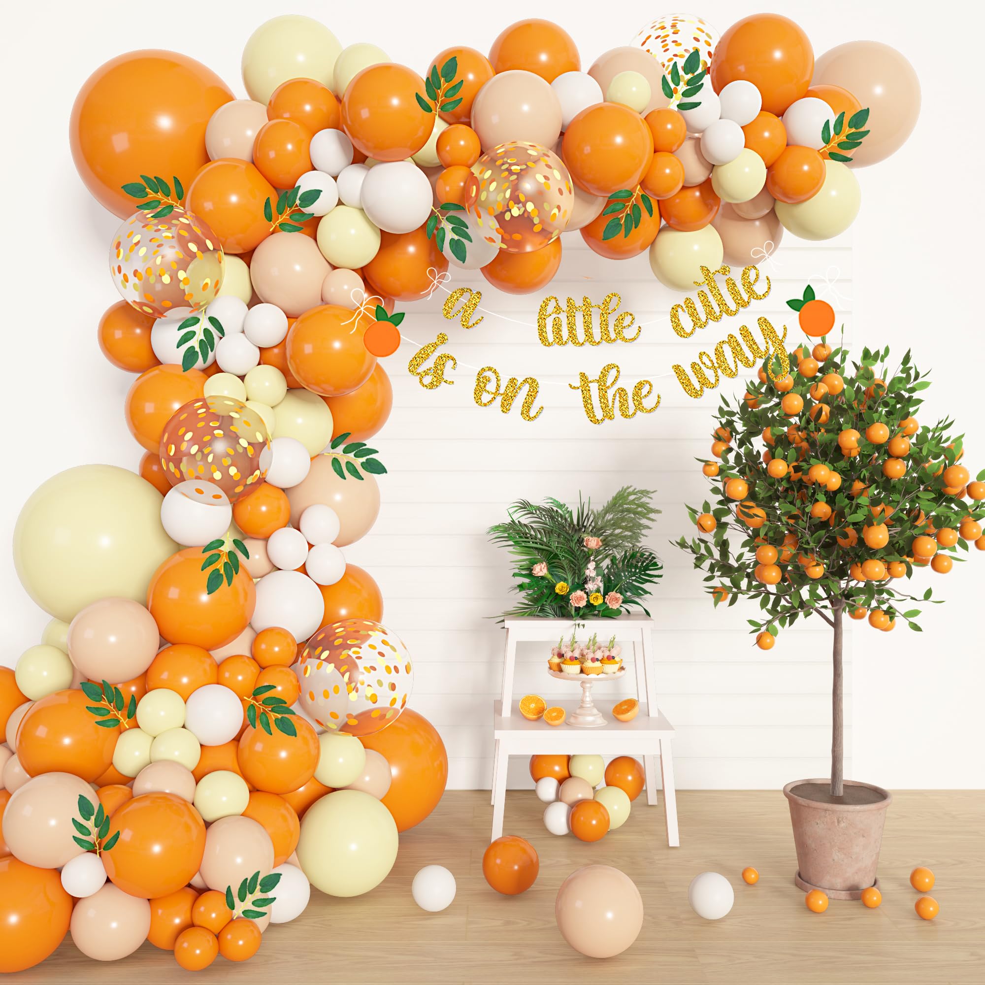 Amandir 122pcs Little Cutie Baby Shower Decorations, Orange Yellow Balloon Garland Arch kit, Willow Leaves A Little Cutie is On The Way Banner for Tangerine Theme Fruit Birthday Party Decor