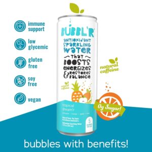 BUBBL'R tropical dream'r, Antioxidant Sparkling Water with Natural Caffeine, 0g Sugar, Gluten Free, All Natural Flavors, 12 Fl Oz Cans, 12 Count